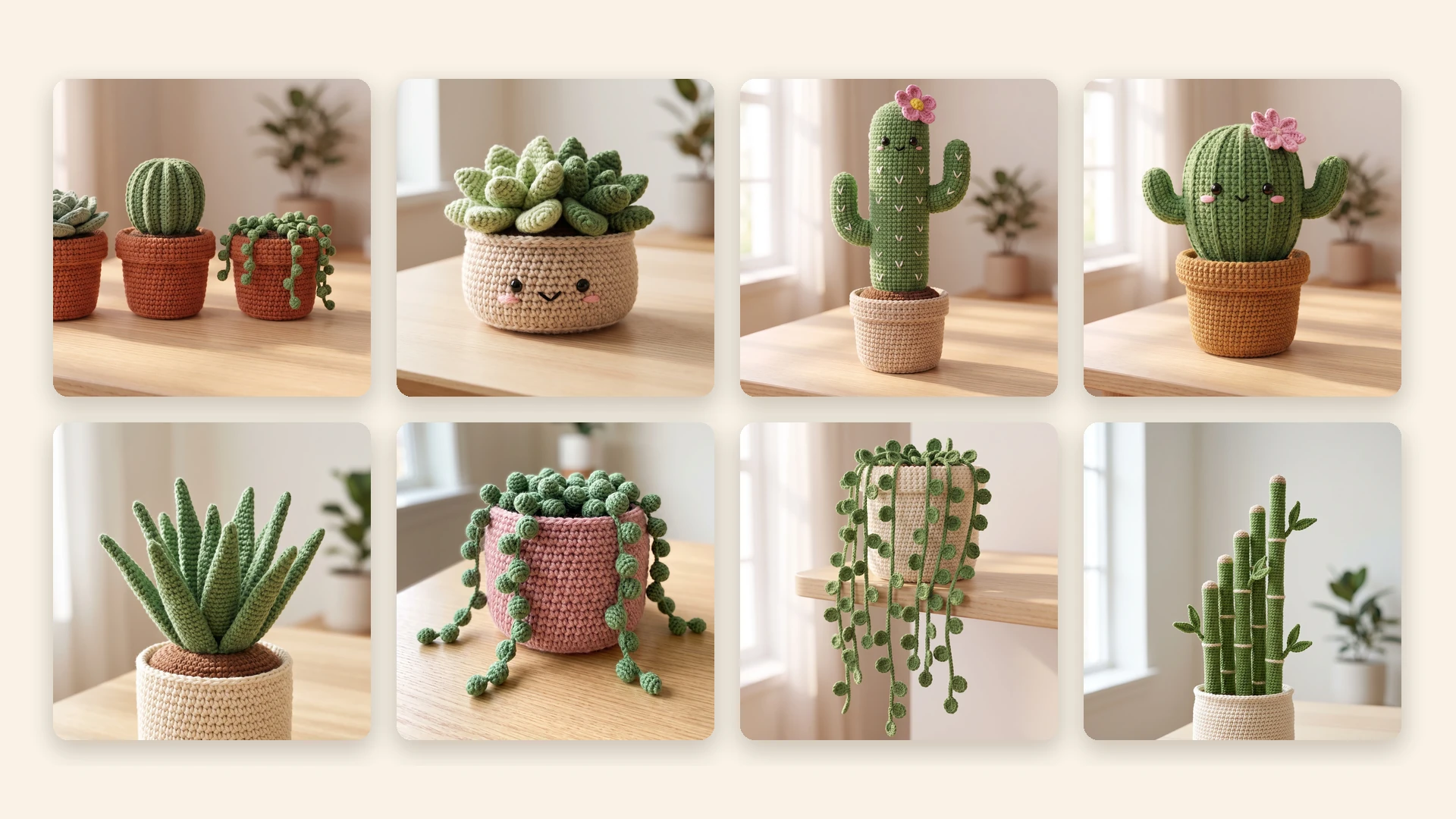 Oito plantinhas de crochê diferentes, lado a lado