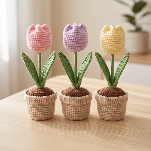 Tulipas de crochê no vaso